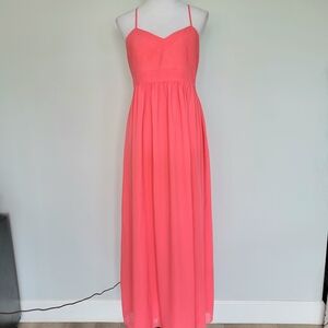NWT BADGLEY MISCHKA Coral Pink Chiffon Wedding Maxi Spaghetti Straps Dress Sz 10